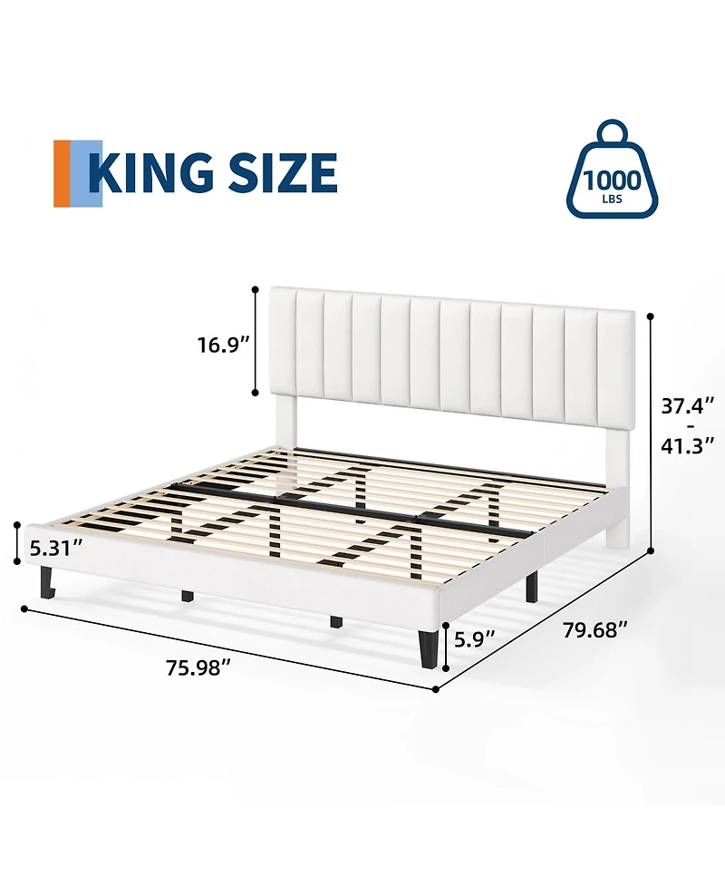 Homfan Platform Bed Frame and Velvet Upholstered Headboard with Adjustable Vertical Channel Tufted Headboard, No Box Spring Needed
