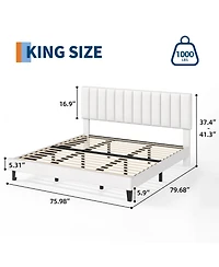 Homfan Platform Bed Frame and Velvet Upholstered Headboard with Adjustable Vertical Channel Tufted Headboard, No Box Spring Needed