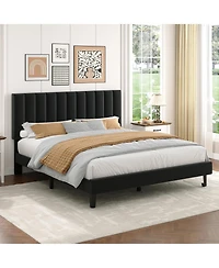 Homfan Platform Bed Frame and Velvet Upholstered Headboard with Adjustable Vertical Channel Tufted Headboard, No Box Spring Needed