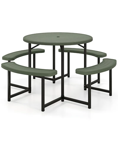 Sugift Round Picnic Table Bench Set with Four Benches and Umbrella Hole