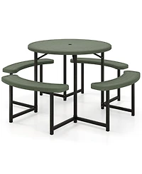 Sugift Round Picnic Table Bench Set with Four Benches and Umbrella Hole