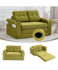 Rainsken Fold Out Convertible Sofa Bed, Comfortable Corduroy Loveseat Floor Sofa with Cup Holders and Pillows for Living Room and Small Spaces