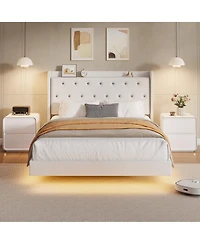 Homfan Bed Frame with Led Lights, Upholstered Headboard, Storage Shelves