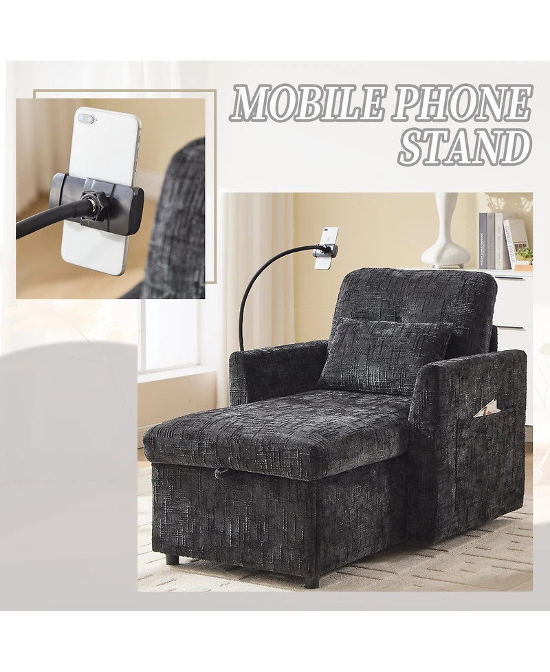 Rainsken Stylish Chenille Single Recliner Lounge Chair with Storage, Phone Holder and Side Pockets, Ideal Leisure Sofa for Bedroom and Living Room