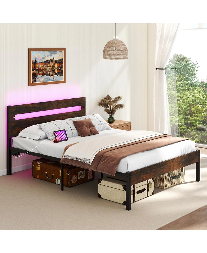 Gouun King Size Heavy-Duty Metal Slats Support Bed Platform with Charging Station