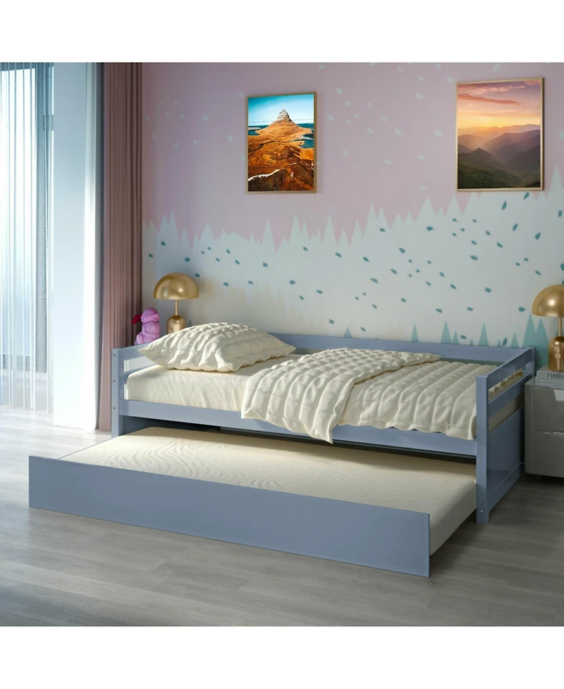 Gouun Twin Size Trundle Platform Bed Frame with Wooden Slat Support