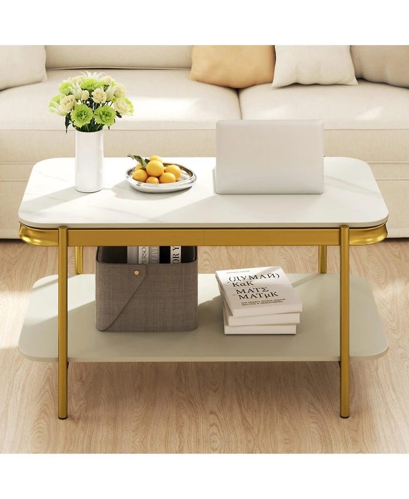Gouun 35.5 in Modern Sintered Stone 2-Tier Coffee Table with Gold Metal Frame