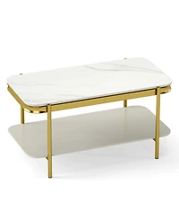 Gouun 35.5 in Modern Sintered Stone 2-Tier Coffee Table with Gold Metal Frame