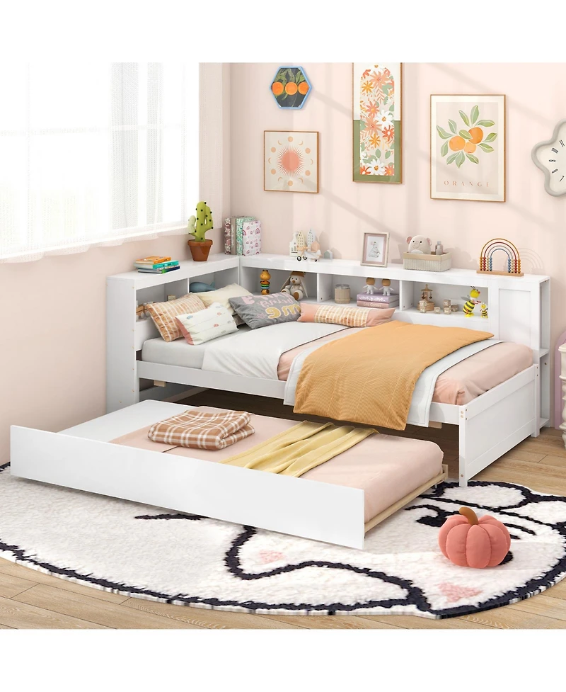 Gouun Twin Size Daybed Platform Bed Frame with Trundle and Bedside Shelves