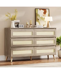 gaomon Modern Rattan 6 Drawer Dresser for Bedroom, Wooden Chest of Drawers with Storage, Clothes Organizer Cabinet