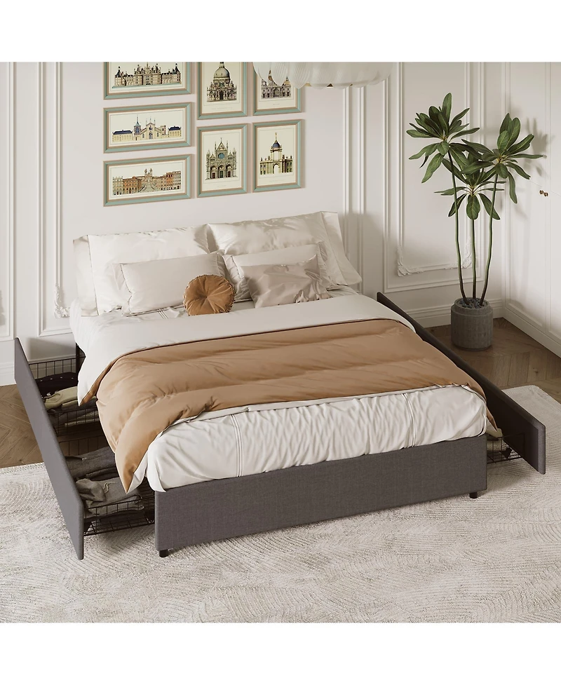 Homfan Space-Saving Platform Bed Frame with 4 Storage Drawers - Linen Upholstered
