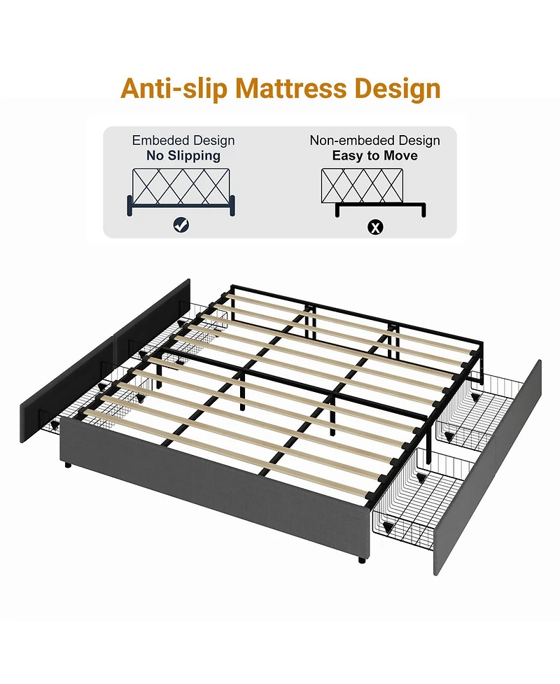 Homfan Space-Saving Platform Bed Frame with 4 Storage Drawers - Linen Upholstered
