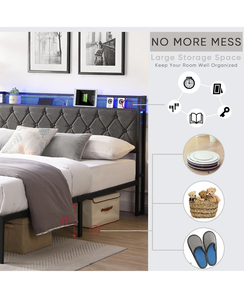 sumyeg Full Size Upholstered Bed Frame with Storage Headboard, Led Lights and Charging Station, Platform Bed