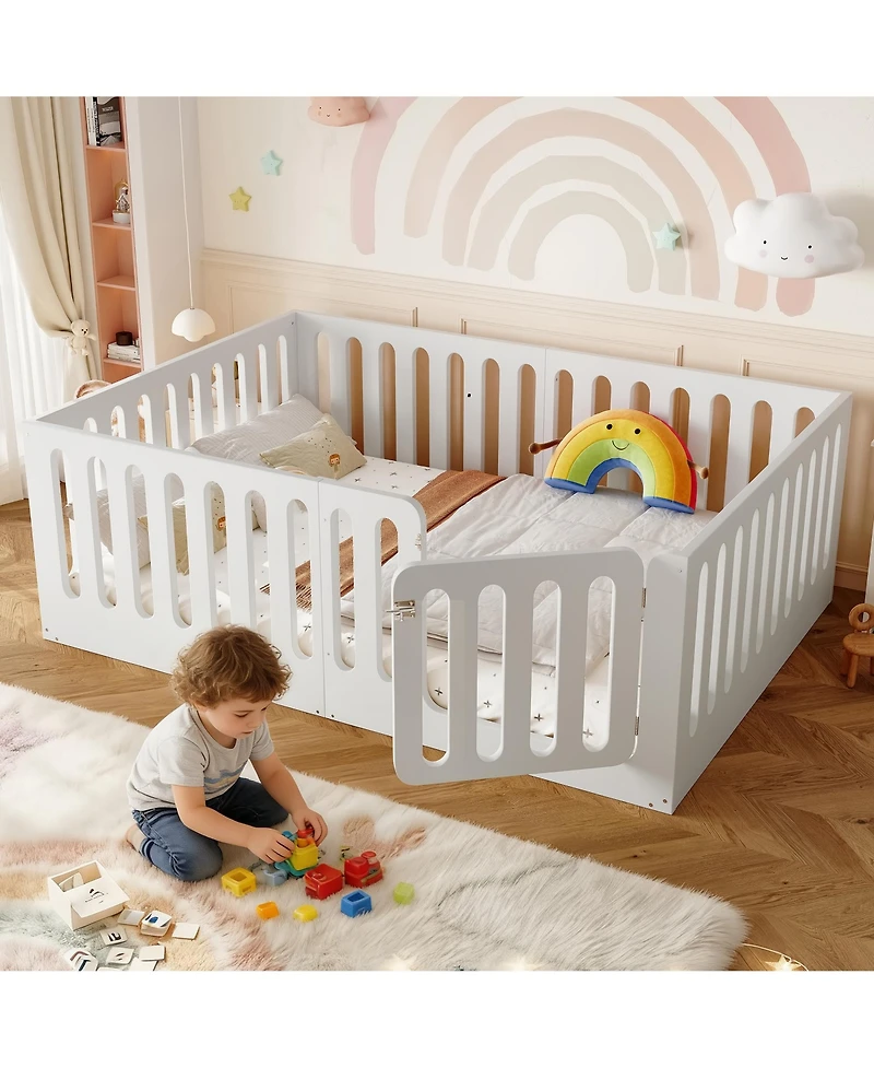 Rainsken Low-Profile Full Size Floor Bed for Kids, Solid Wood Bed Frame with High Protective Fence and Door for Boys Girls, No Box Spring Required