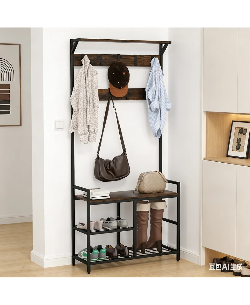 Gouun 71 Inch Freestanding Hall Tree with Shoe Bench and 9 Removable Hooks