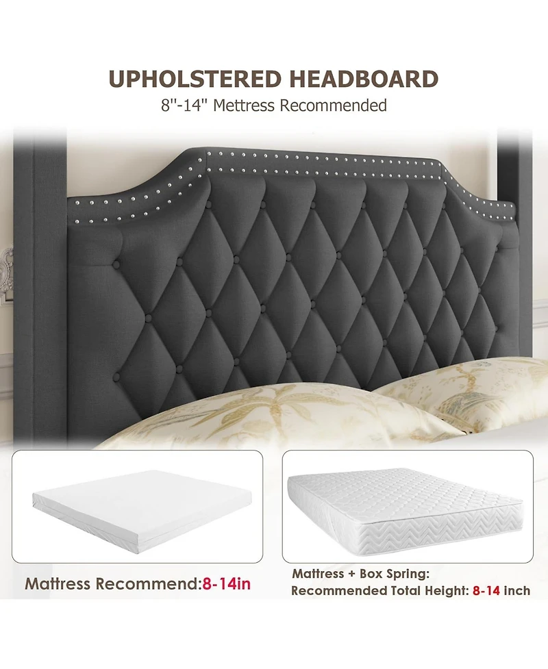 gaomon Queen Canopy Bed Frame Nailhead Headboard Upholstered 4 Pole Bracket Wood Slats No Box Spring