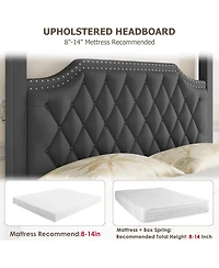 gaomon Queen Canopy Bed Frame Nailhead Headboard Upholstered 4 Pole Bracket Wood Slats No Box Spring