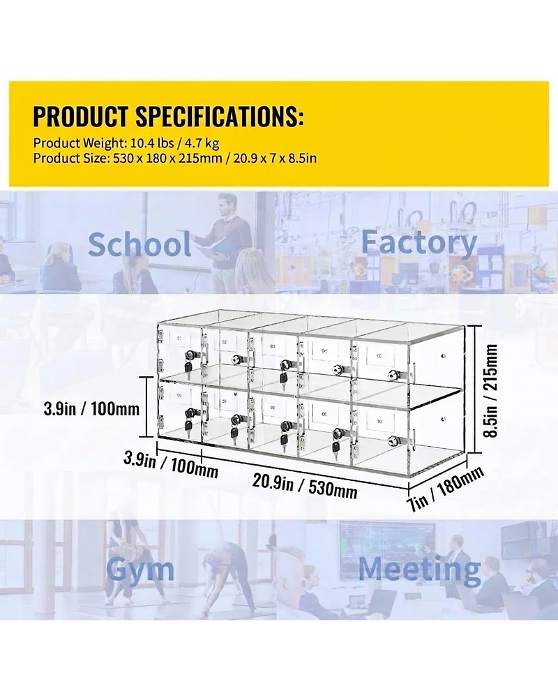 Sugift Cell Phone Storage Locker, 10 Slots, Acrylic Wall-Mounted Cabinet with Locks