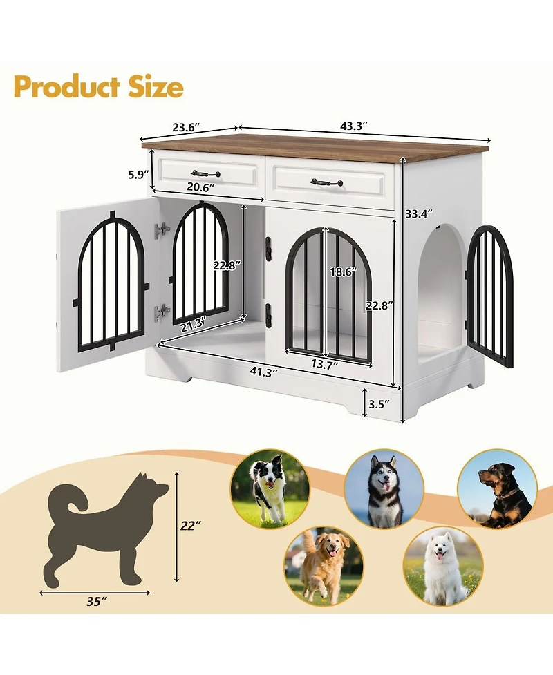 6thdruple 43.3" Indoor Pet House for Medium Large Dogs, Heavy Duty Wooden Dog Kennel with 2 Storage Drawers, End Table Furniture Crate