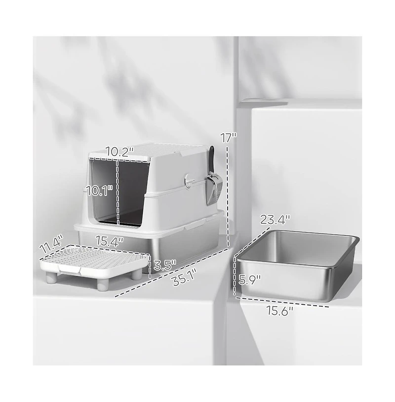 Zeus and Ruta Large Cat Litter Box with Stainless Steel, Flip Cover, Easy Clean Design, Jumbo Capacity