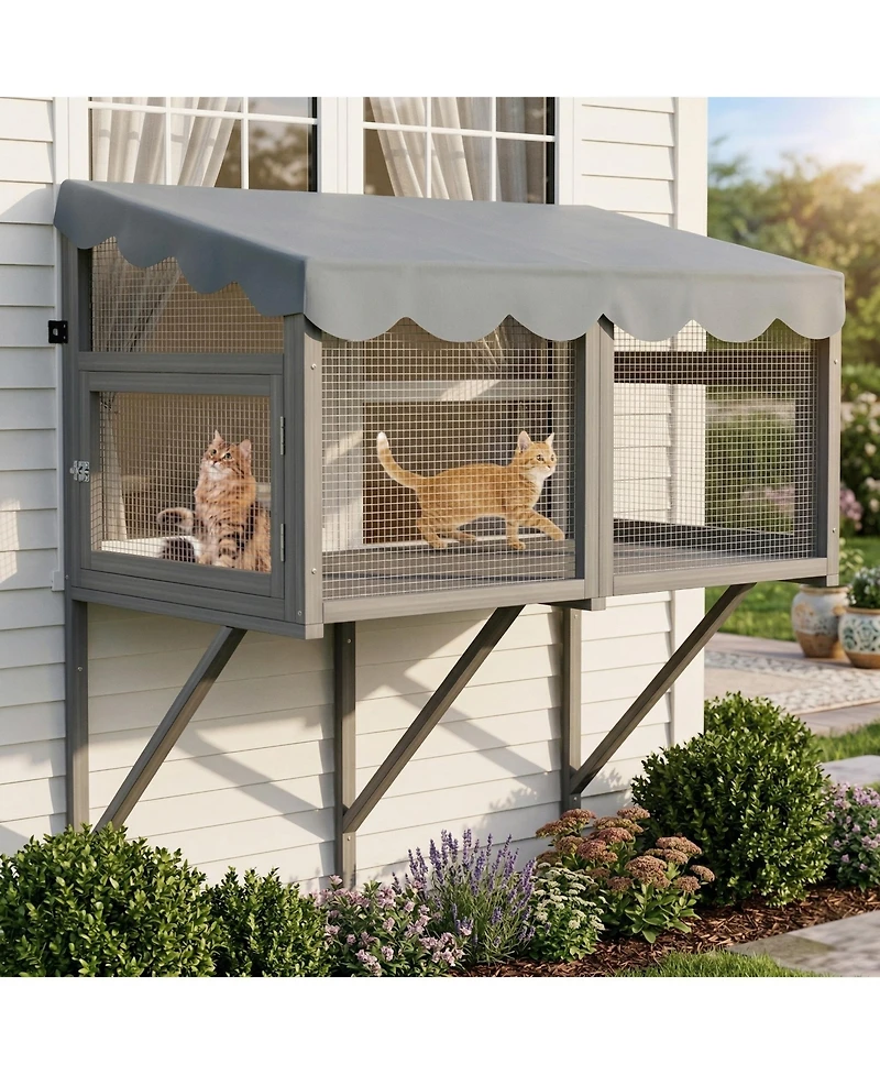 Zeus and Ruta Cat Catio Window Enclosure with Wooden Mount, Expandable Multi-Level Design, Secure Locks