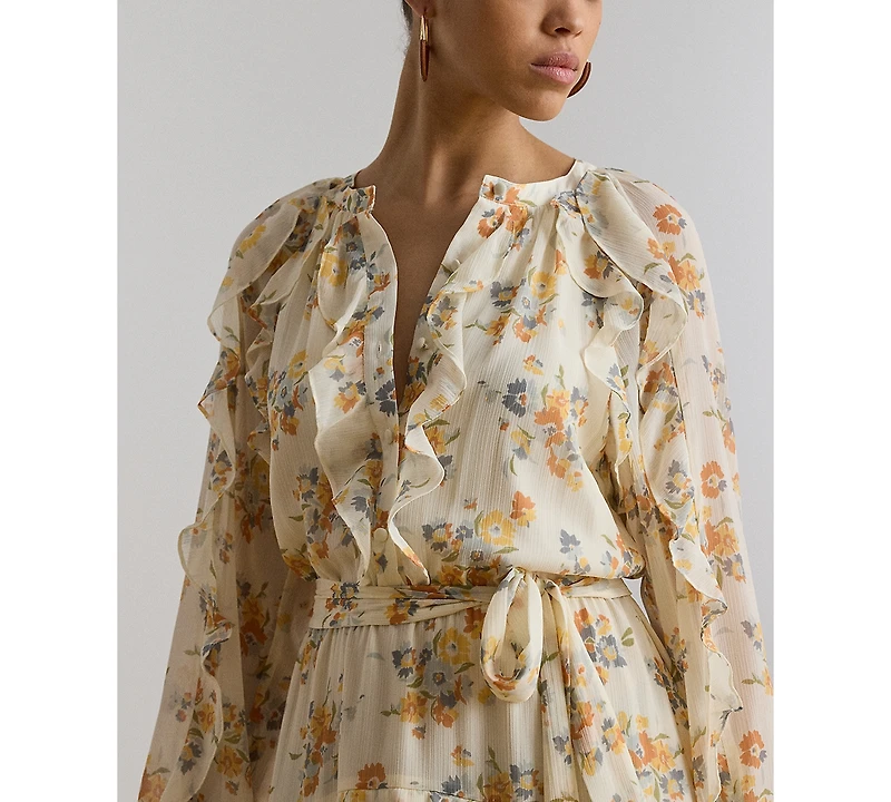 Lauren Ralph Petite Band Collar Floral Ruffle-Trim Tiered Dress