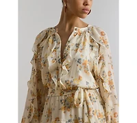 Lauren Ralph Petite Band Collar Floral Ruffle-Trim Tiered Dress