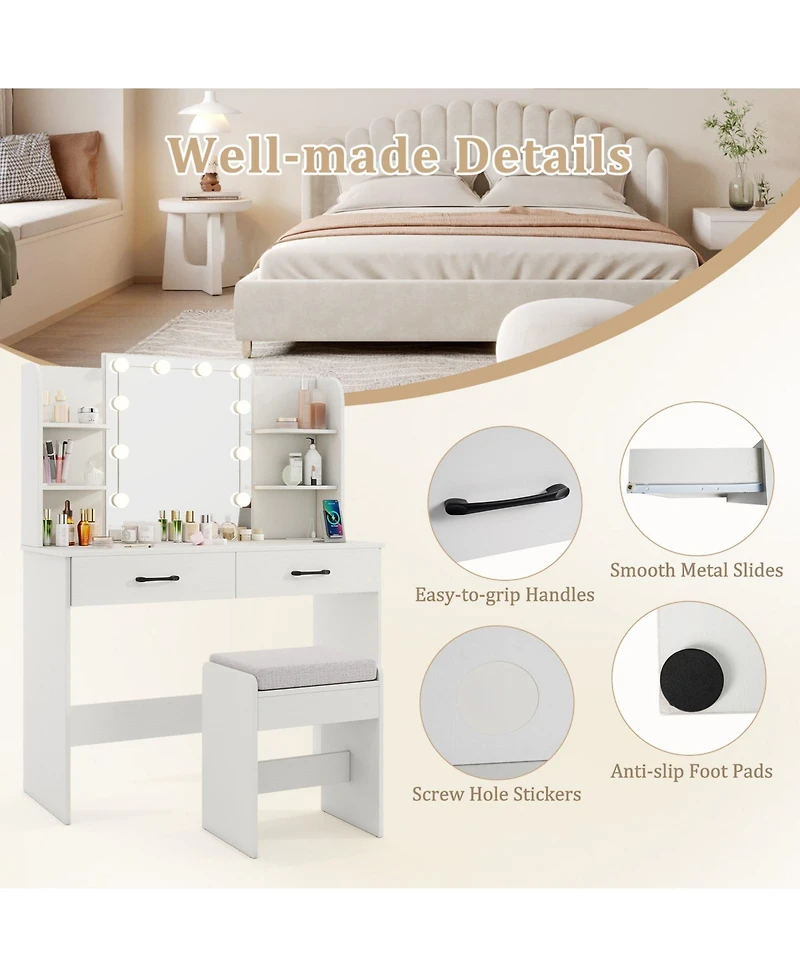 Sugift Vanity Set with Lighted Mirror Stool and Power Outlet