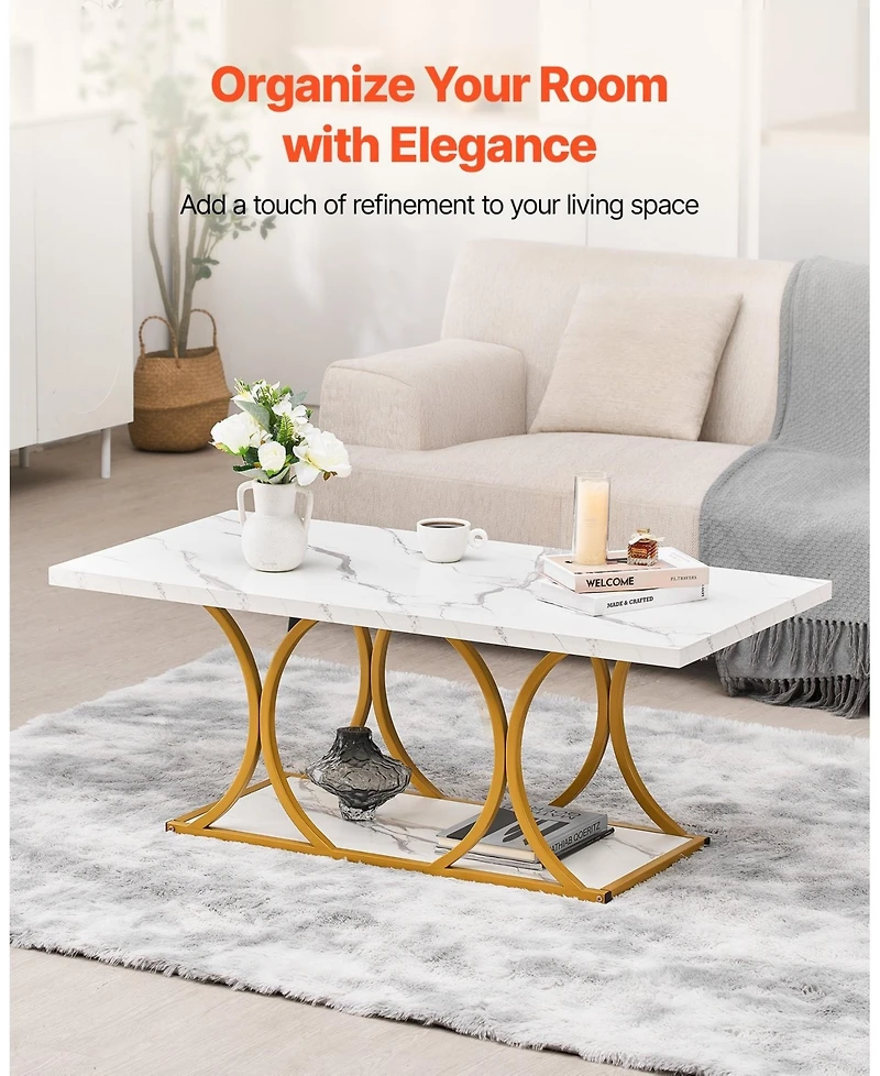 Sugift Coffee Table, Modern Faux Marble, Large 2-Tier Rectangle Desk with Metal Frame