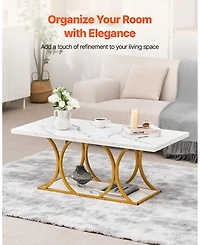 Sugift Coffee Table, Modern Faux Marble, Large 2-Tier Rectangle Desk with Metal Frame