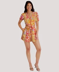 Kensie Women's Short-Sleeve V-Neck Printed Romper