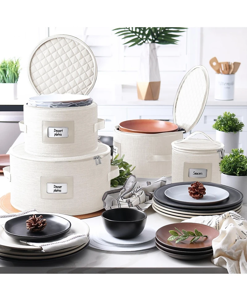 StorageBud Fine China Storage Containers Hard Shell, 4 Piece Dish Storage Containers, Quilted Plate Containers, Stackable Dish Organizer