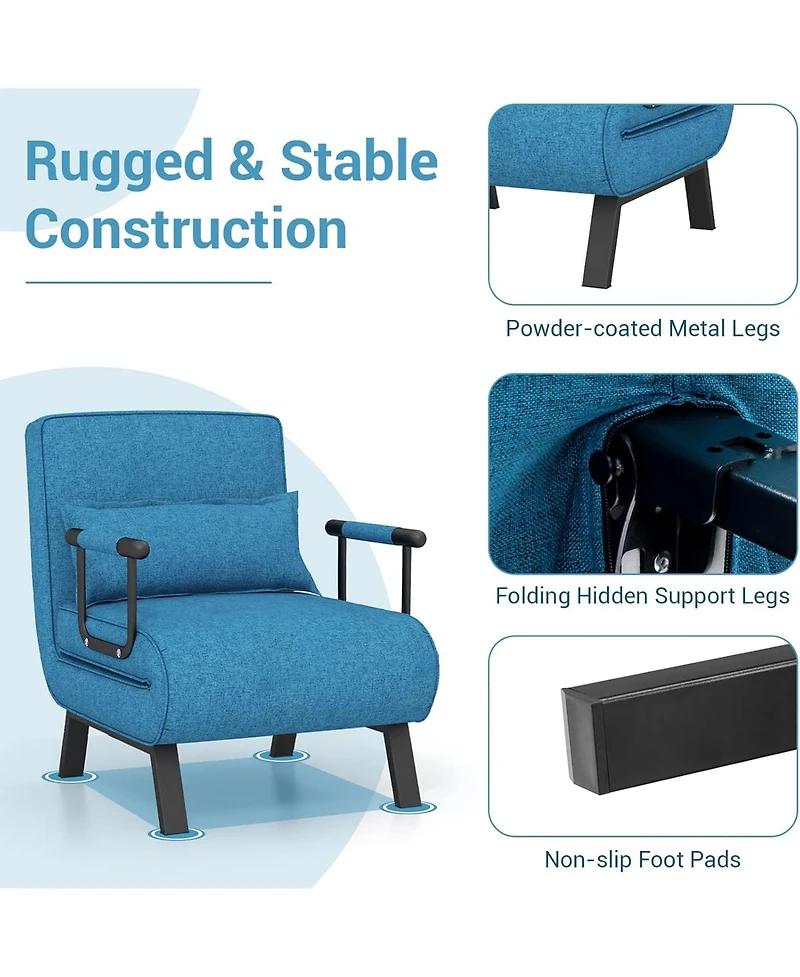 Rainsken Convertible Sleeper Chair Bed, 5 in 1 Folding Sofa Bed Chair with 5-Position Adjustable Backrest and Pillow for Home Office, Small Spaces