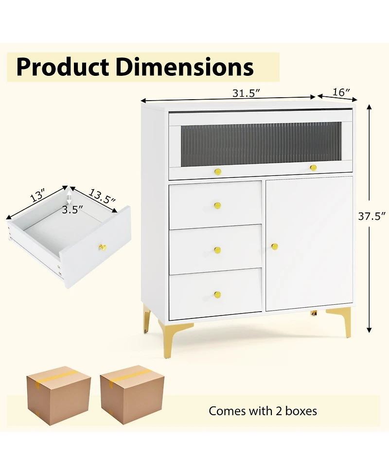 Slickblue Chest of Drawers with Flip-Up Fluted Glass Door for Bedroom