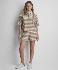 Dkny Jeans Womens Towelling Terry Stripe Boxy Polo Top High Rise Pull On Shorts