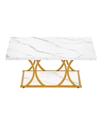 Sugift Coffee Table, Modern Faux Marble, 2-Tier Rectangle Desk with Geometric Legs