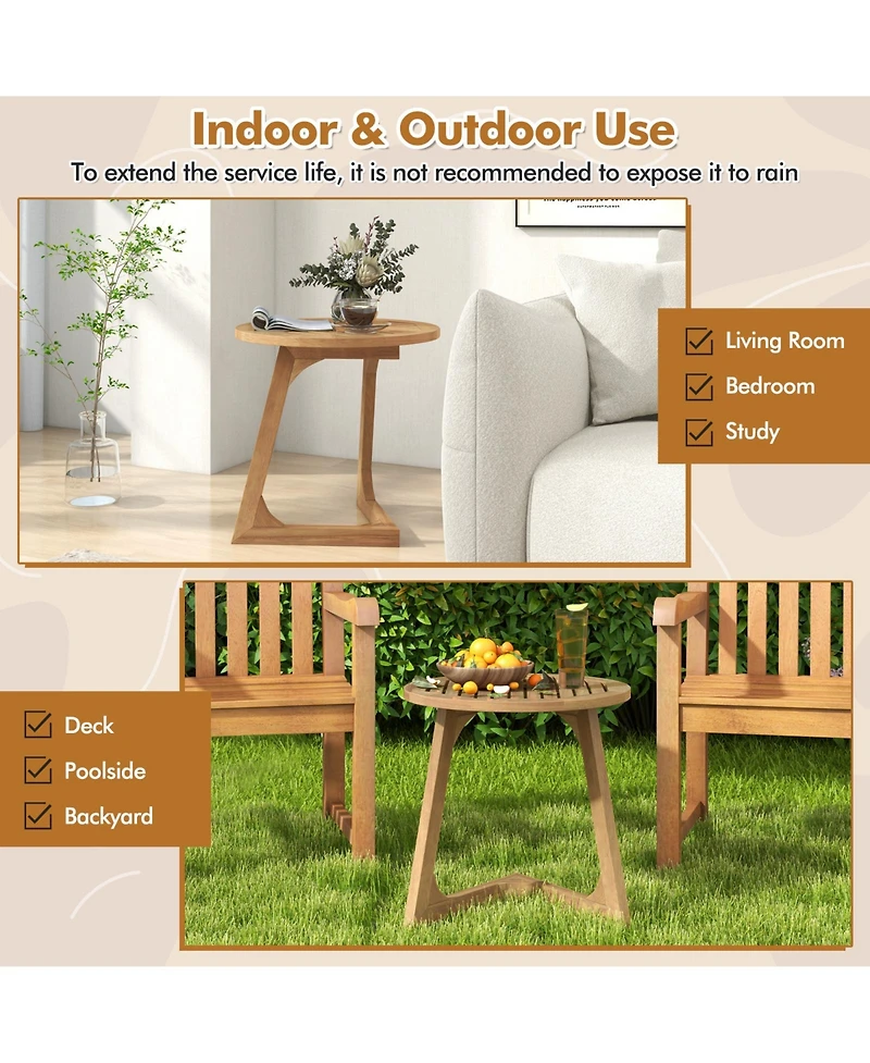 Sugift Round Teak Wood Side Table with Slatted Tabletop