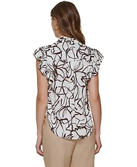Dkny Petite Flutter Short-Sleeve Mock Neck Blouse