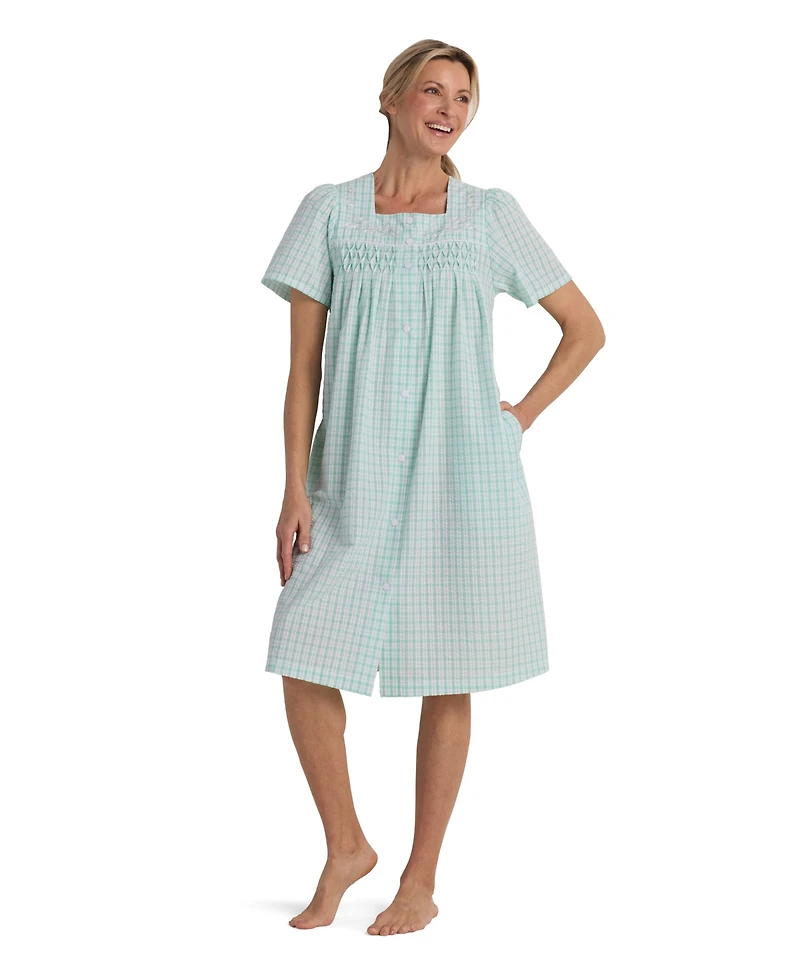 Miss Elaine Women's Window Pane Printed Square Neck Short Grip Robe