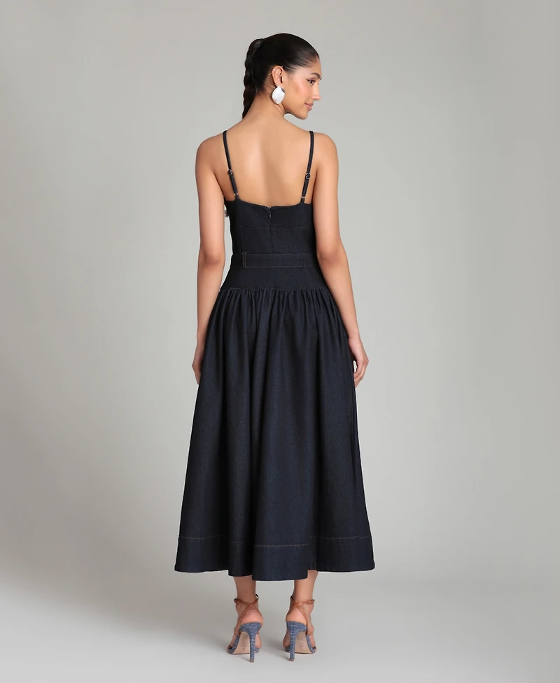 Avec Les Filles Women's Belted Drop Waist Stretch Denim Midi Dress