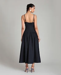 Avec Les Filles Women's Belted Drop Waist Stretch Denim Midi Dress