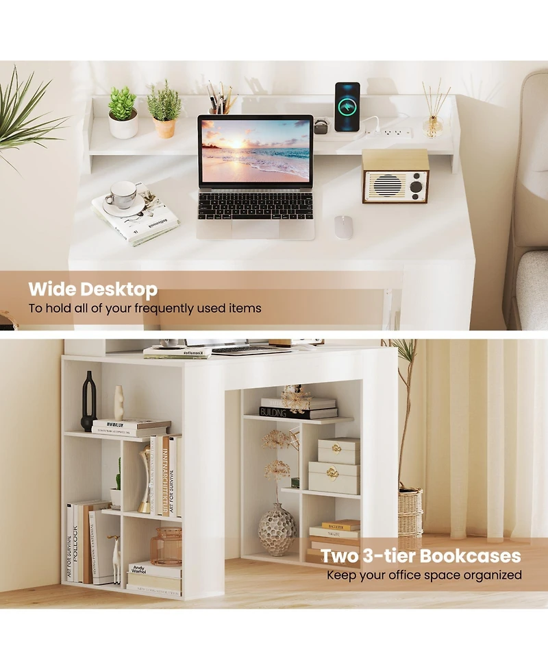 Slickblue 43 Inch White Writing Desk with Built In Power Outlets and 2 Bookcases
