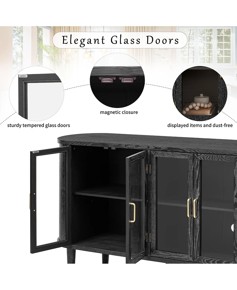 Rainsken Farmhouse Sideboard Cabinet, Wood Buffet Cabinet with Glass Doors, Adjustable Shelves and Cable Management for Dining Room, Living Room