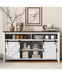 Rainsken Farmhouse Sideboard, Wood Buffet Cabinet with Open Storage, Sliding Barn Door and Mesh Panels for Living Room, Kitchen