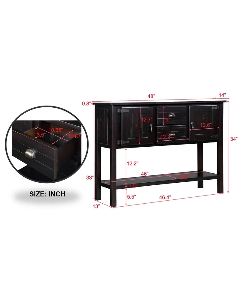 Rainsken Retro Solid Wood Console Table, Storage Sideboard Buffet Cabinet with 2 Drawers, Cabinets and Open Shelf for Living Room, Kitchen