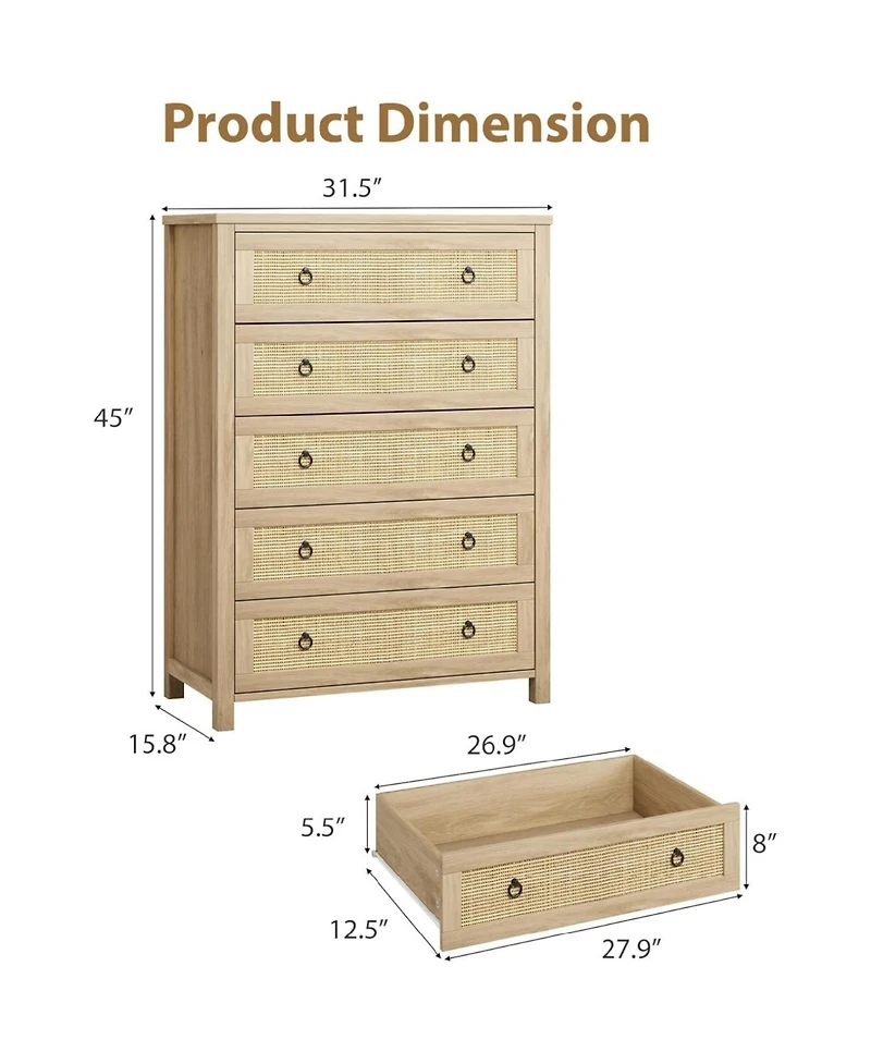 gaomon Rattan Bedroom Dresser with 5 Drawers Clothes Storage Cabinet