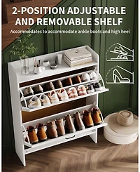 homfan Farmhouse Shoe Cabinet with 2 Flip Drawers, White, Slim Entryway Storage with Metal Legs