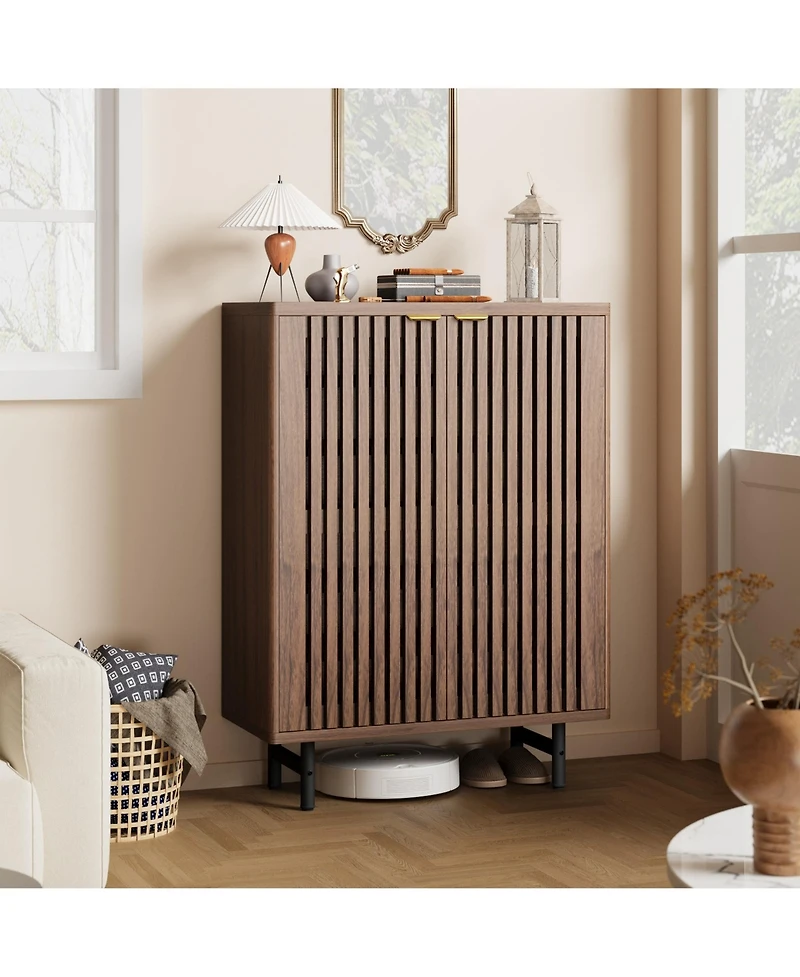 homfan Louvered Shoe Cabinet with Doors, Walnut, 6 Tier Entryway Storage for 24 Pairs