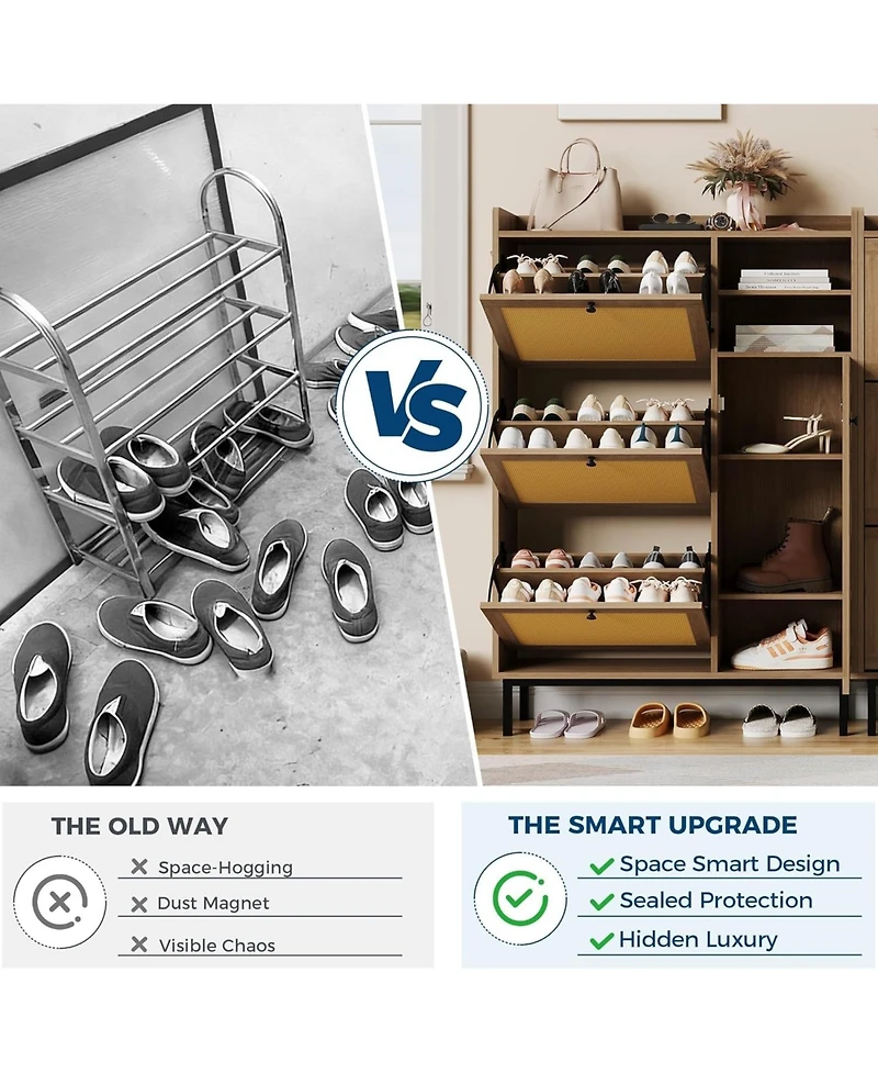 homfan Rattan Shoe Cabinet with 3 Flip Drawers and Metal Legs, 20.08 x 9.25 x 51.38 in