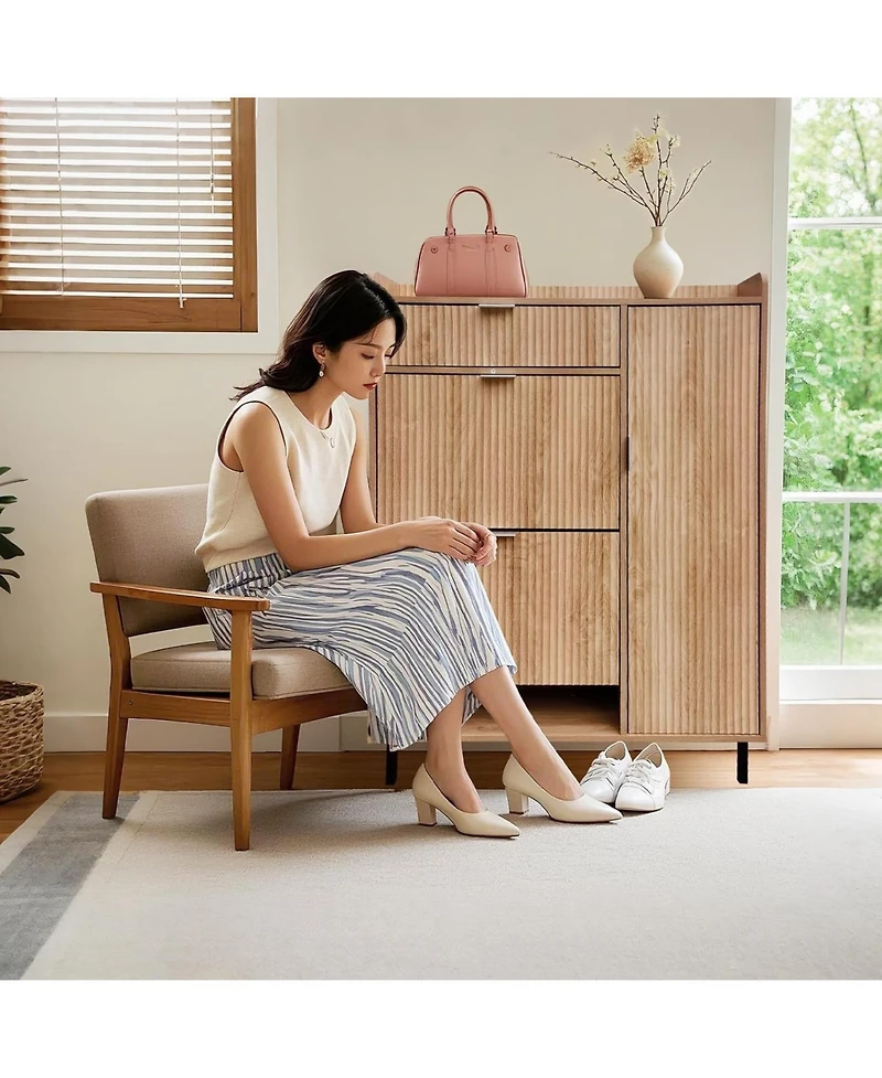 homfan Oak Wavy Shoe Cabinet with 2 Flip Drawers and 2 Small Drawers, Metal Legs, 9.45 in Deep Slim Entryway Storage Organizer